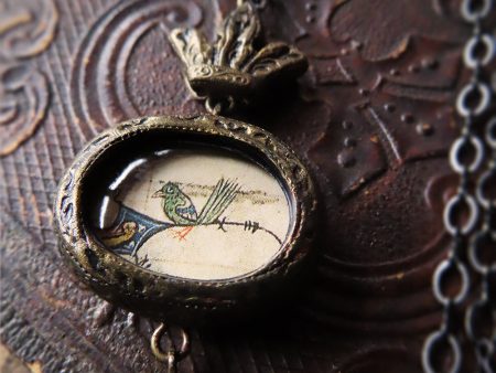 Medieval Manuscript Little Green Bird ~ Crowned Pictorial Shrine Amulet For Cheap