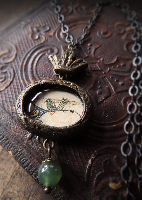 Medieval Manuscript Little Green Bird ~ Crowned Pictorial Shrine Amulet For Cheap