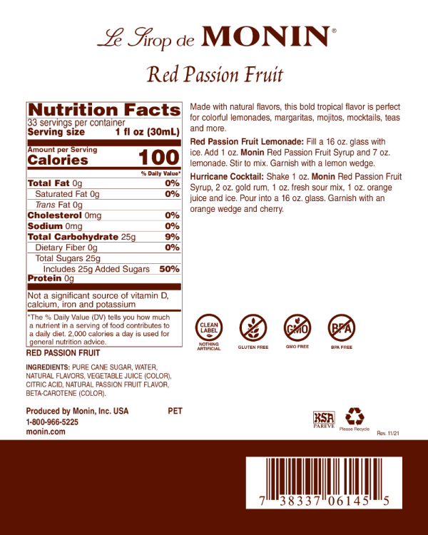 Red Passion Fruit - Monin - Premium Syrups and Flavourings - 4 x 1 L per case Fashion