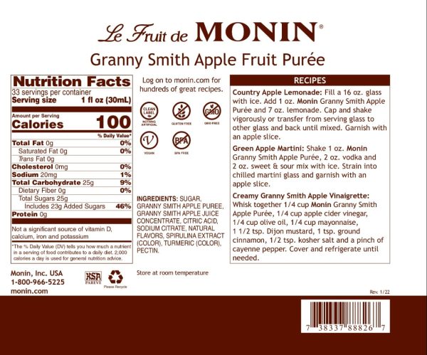 Granny Smith Apple Purée - Monin - Premium Fruit Purees - 4 x 1L Plastic Bottle Cheap