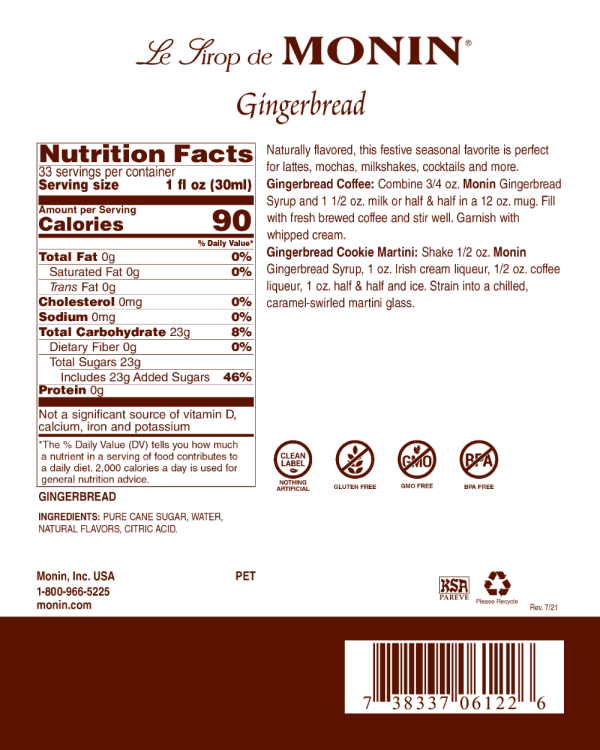 Gingerbread - Monin - Premium Syrups and Flavourings - 4 x 1 L per case For Cheap