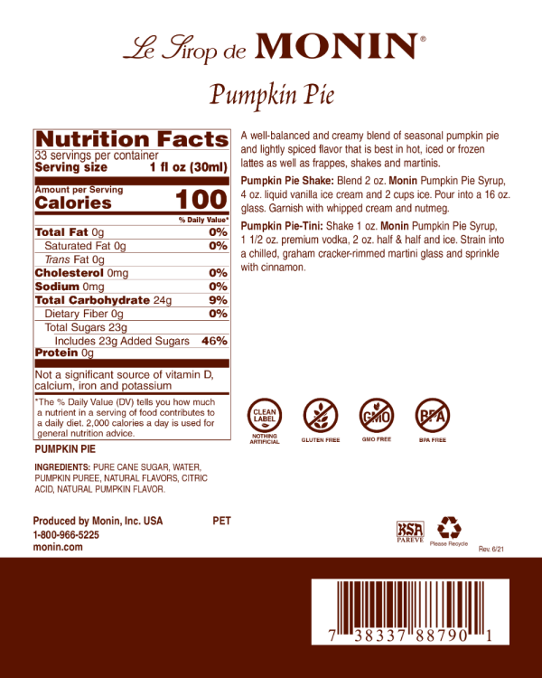 Pumpkin Pie - Monin - Premium Syrups and Flavourings - 4 x 1 L per case Discount