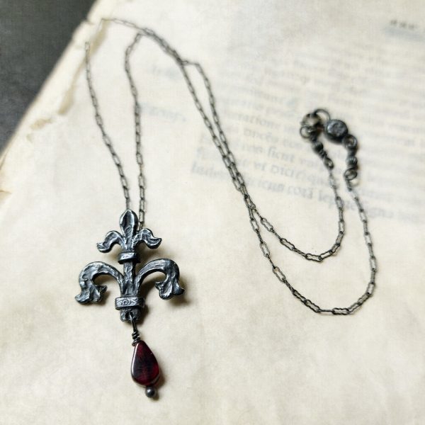 fleur de lis amulet - antiqued sterling with garnet on Sale