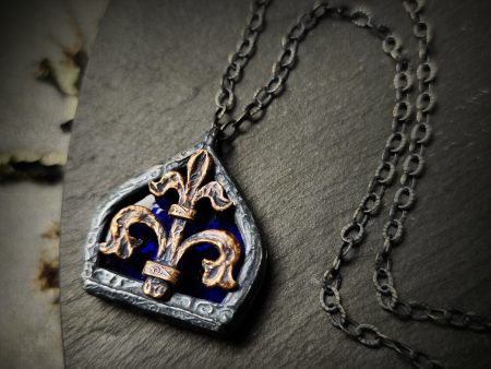 fleur de lis - arch window amulet - antiqued sterling & bronze on Sale