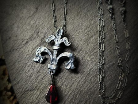 fleur de lis amulet - antiqued sterling with garnet on Sale